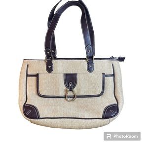 Etienne Aigner woven tan jute handbag with burgundy trim